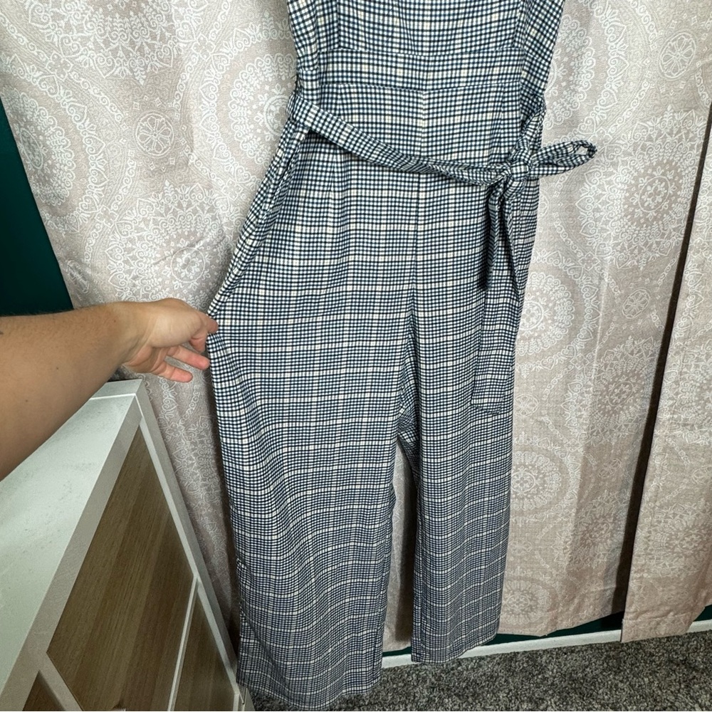 Abercrombie & Fitch Navy Yellow Checkered Plaid Sleeveless Jumpsuit w/ Tie Waist - Picture 3 of 12